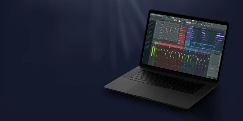 A sleek laptop with the Fruity Loops software